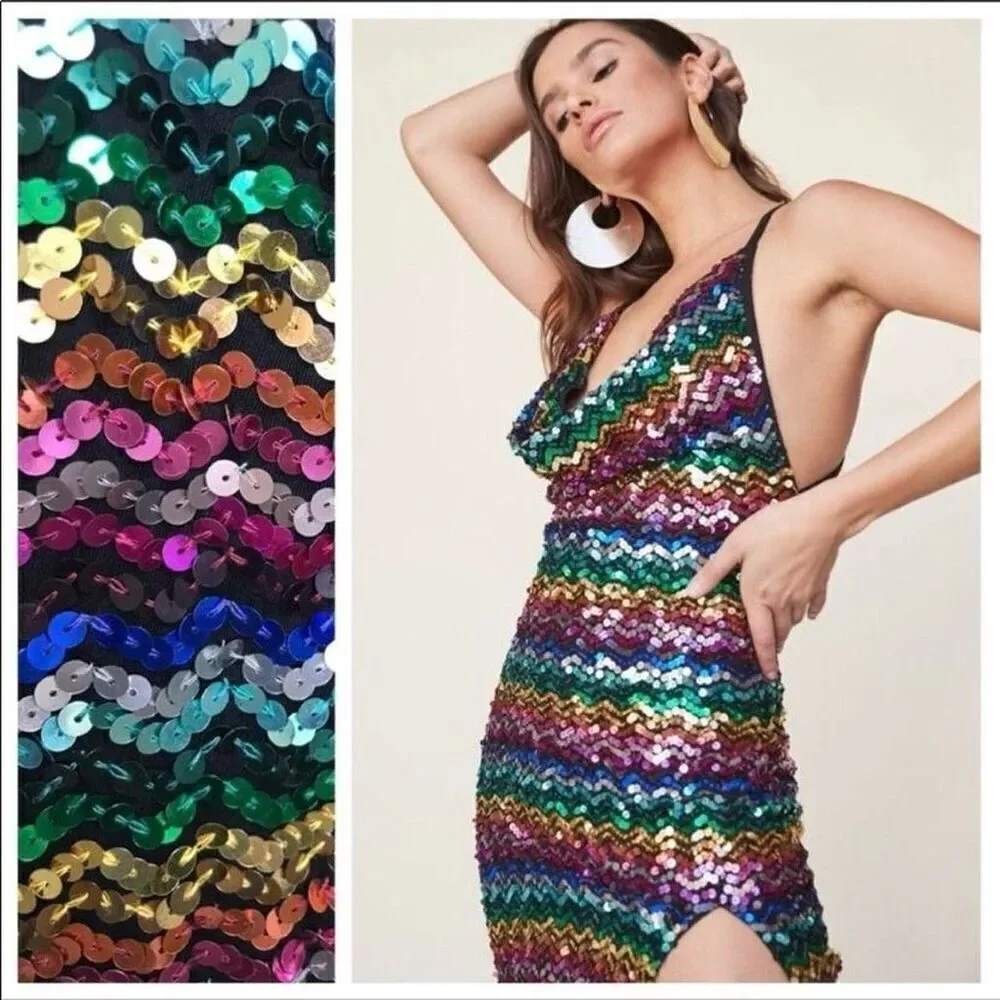 revolve rainbow sequin dress Saylor Revolve Loni Draped Sequined Mini Dress Fruity Pebble Rainbow Extra Small